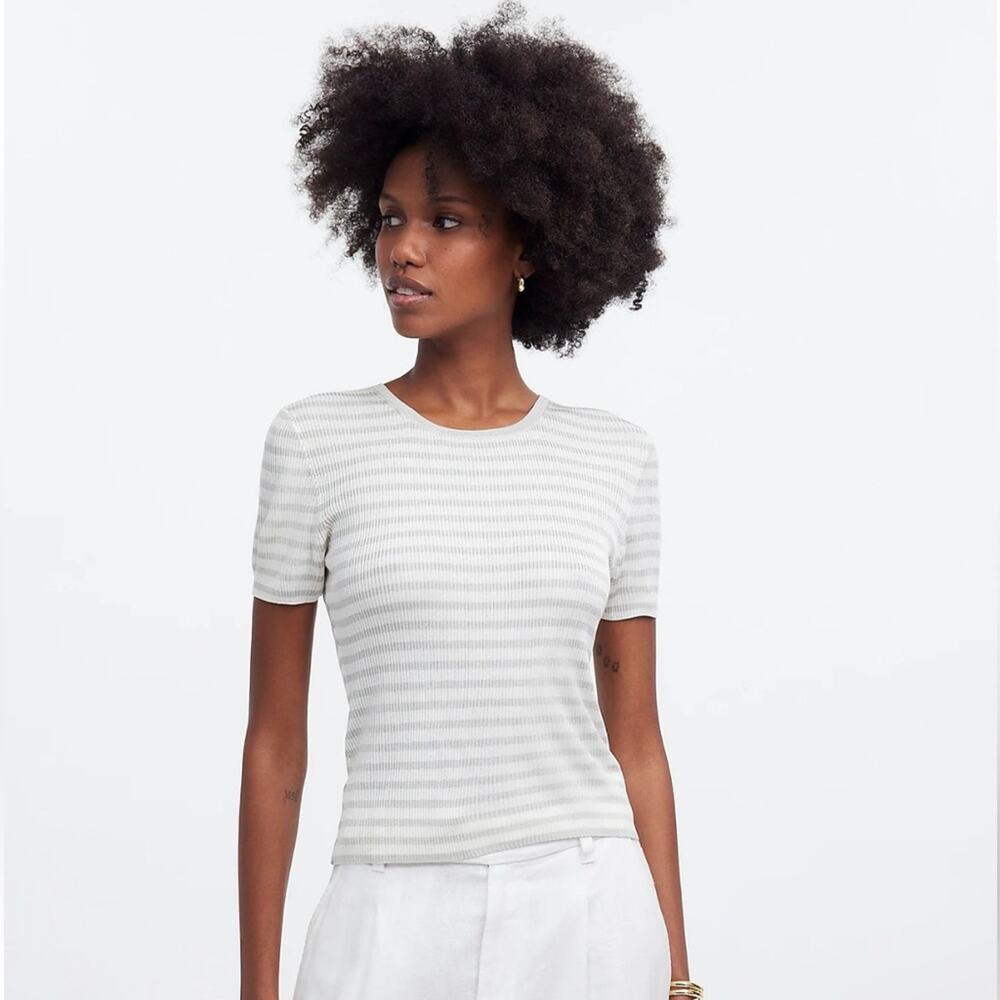 Madewell Micro-Rib Short Sleeve Striped Sweater Tee in‎ Monument Sz M NEW